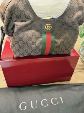 Gucci Giglio Small Tote Bag Dark Brown GG Canvas Web Stripe NEW Authentic Italy